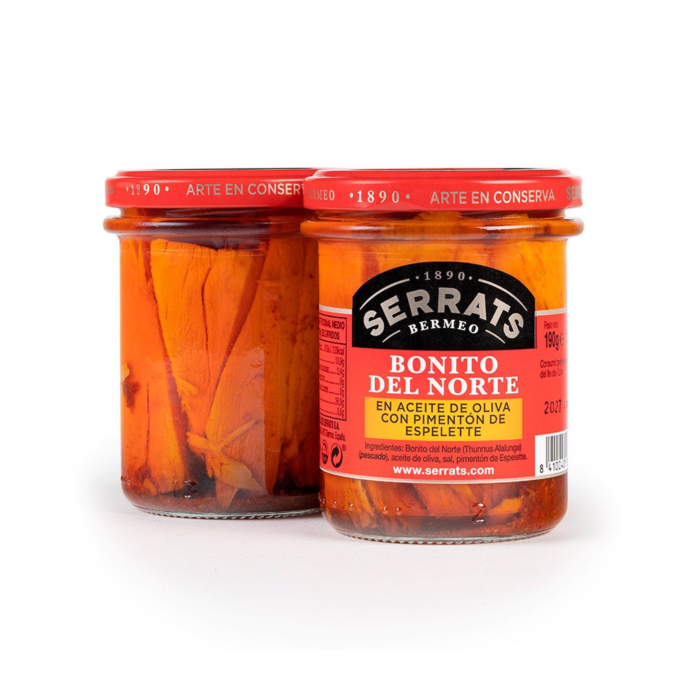 Bonito del Norte en aceite de oliva con pimentón de Espelette. Frasco 190g.