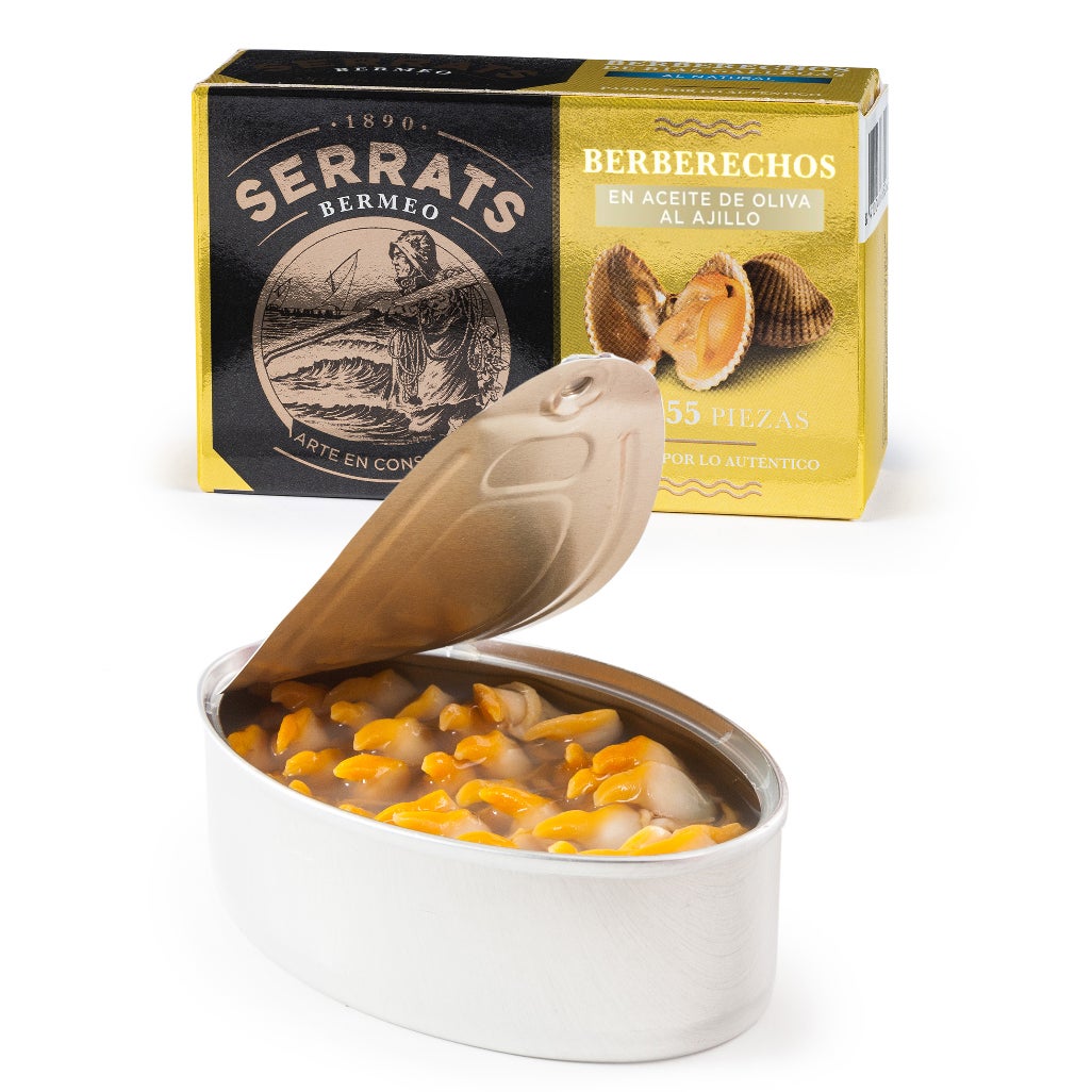 Berberechos en aceite de oliva al ajillo. 45/55 piezas.