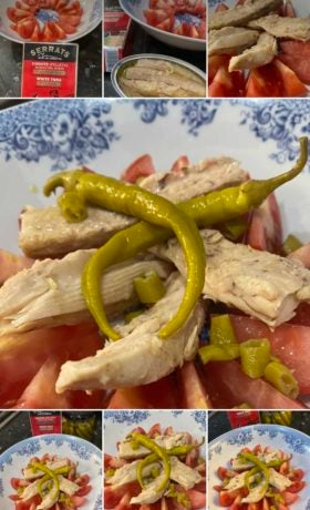 Ensalada de tomate y cogote con piparras