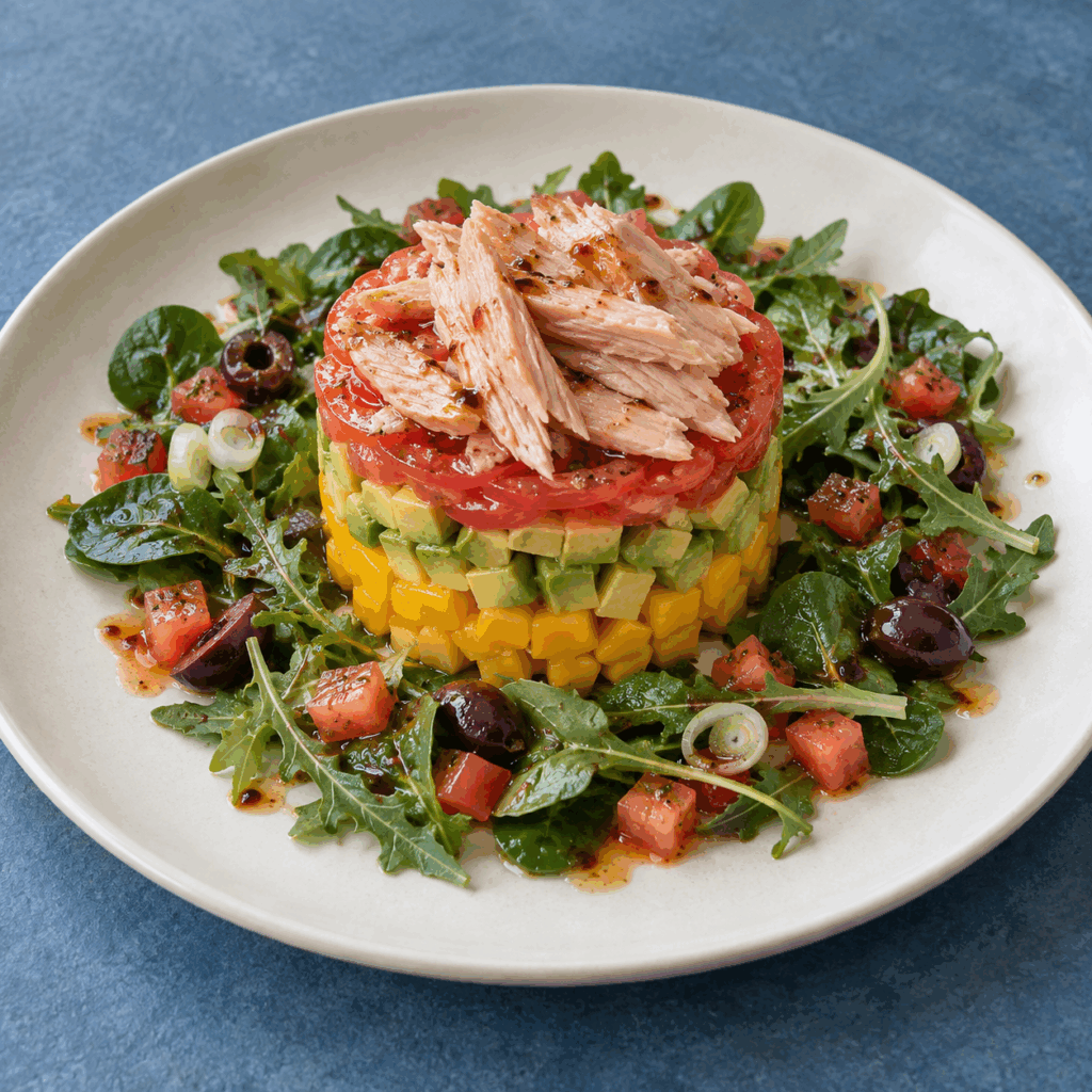 Timbal de mango y aguacate con tomate y ventresca de Bonito del Norte