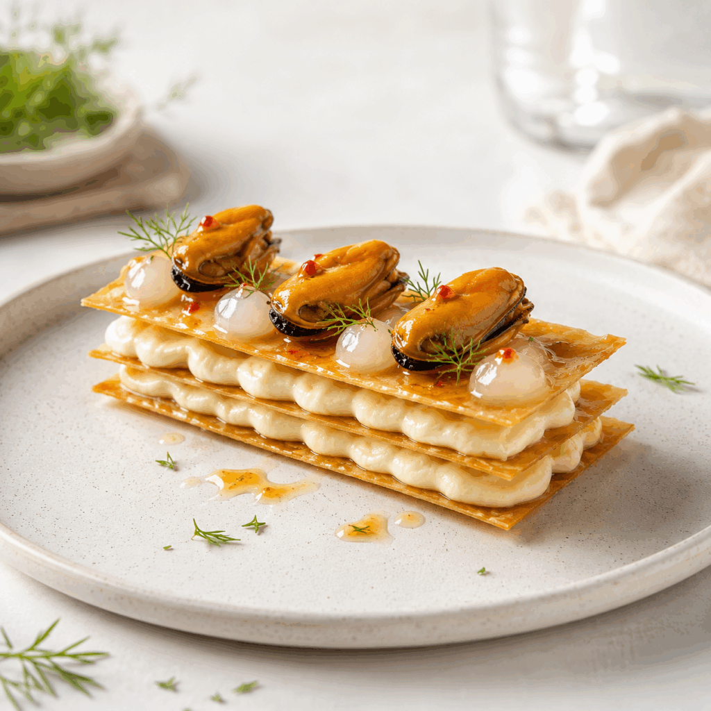Ola crujiente de mousse de coliflor y Mejillones