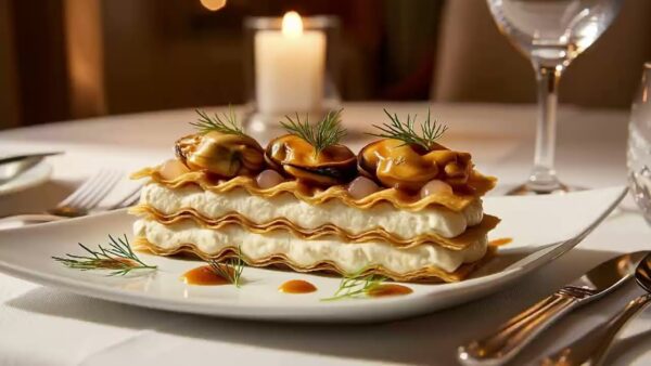 Ola crujiente de mousse de coliflor y Mejillones