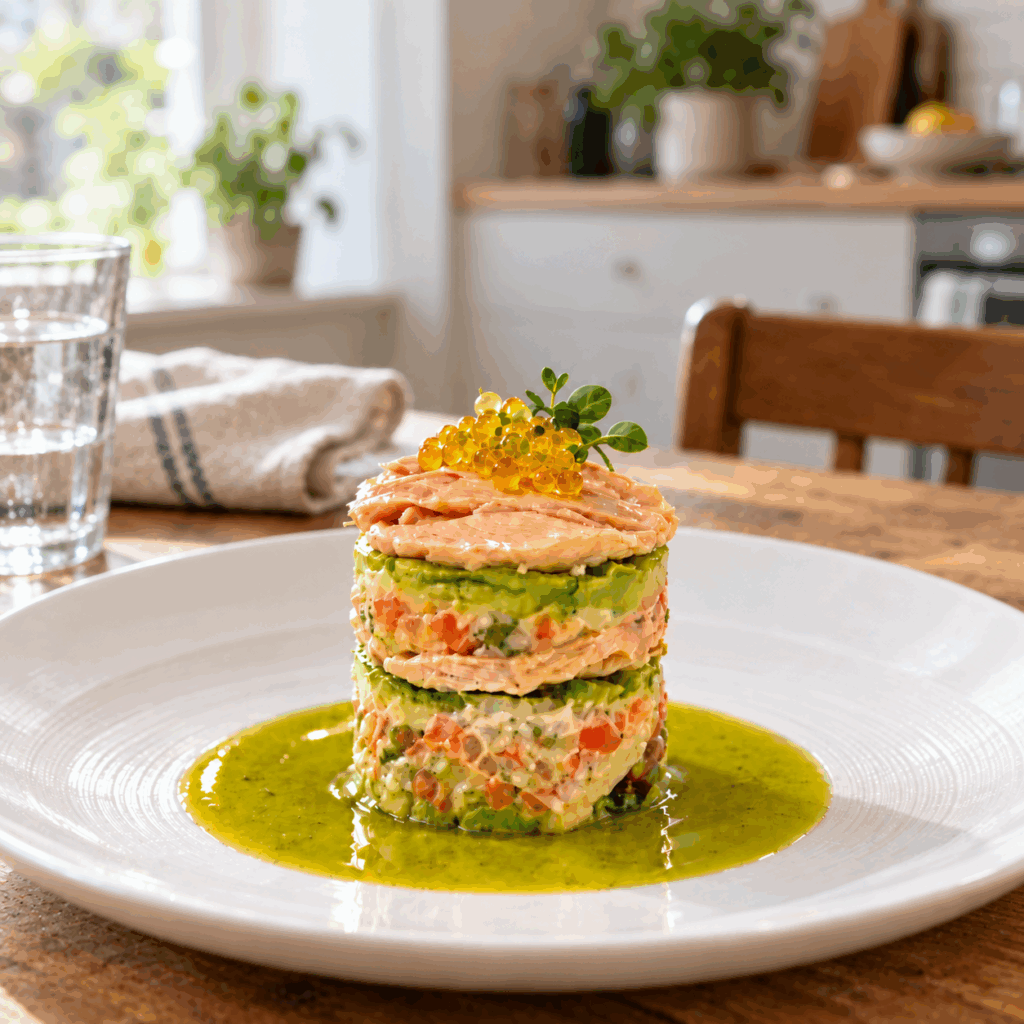 Timbal de aguacate con ventresca de bonito, encurtidos y salsa de piparras