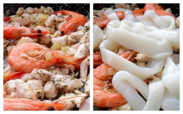 Preparación de la paella con mejillones extra grandes de Conseras Serrats