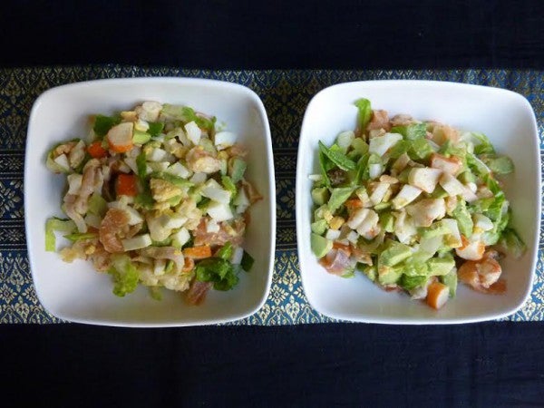 Ensaladas de cangrejo, salmón, gambones y aguacate